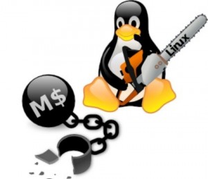 Tux breaking the chains of Microsoft
