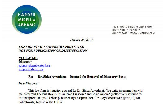 email to remove Ayyadurai post from diaspora