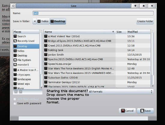 LibraOffice "save as" screen