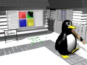 Linux Tux smashing Windows