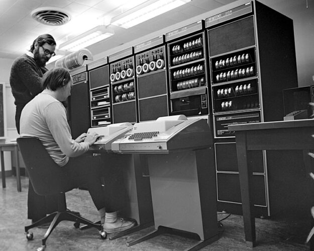 Ken Thompson and Dinnis Ritchie at a computer in the 1970s