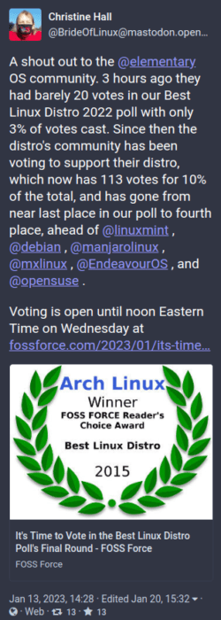 Mastodon post urging users to vote in online poll