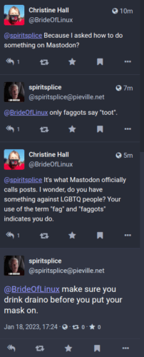 Screenshot of a Mastodon thread needing moderation