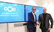 Minister of Digitization and Head of the State Chancellery Dirk Schrödter and Nextcloud founder and CEO Frank Karlitschek shake hands after meeting to discuss collaboration on AI development.