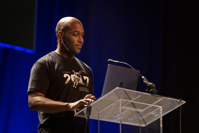 Well known open-source advocate and speaker Kelsey Hightower at All Things Open 2017, where he was a keynote speaker.