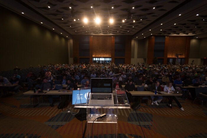 View of the large audience present for the opening keynotes on All Things Open 2017's second day.