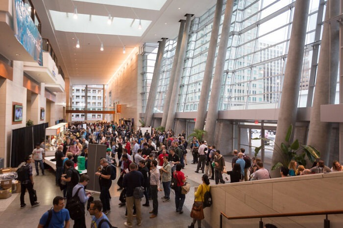 Large crowds are evident during opening day registration at All Things Open 2017.