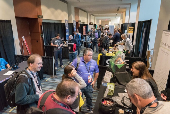 A photograph of a line of vendor booths.