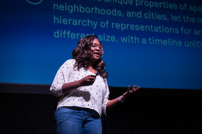 Erica Stanley giving a keynote address at All Things Open 2019.