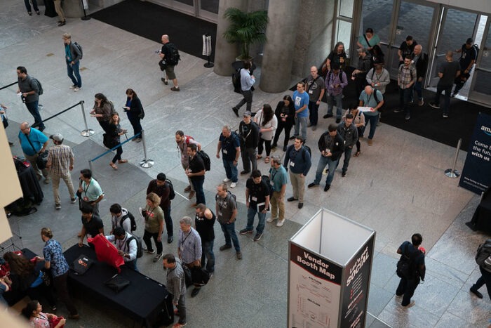 People cuing to register on day one of All Things Open 2019.