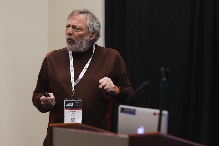 Gordon Haff, a technology evangelist at Red Hat, giving a presentation at All Things Open 2022.