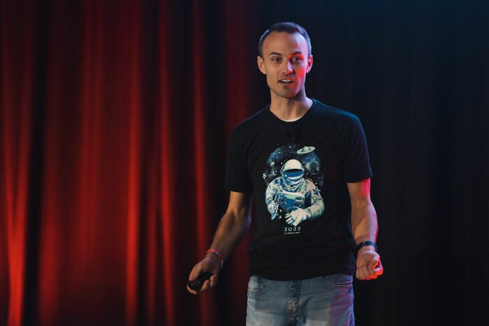 Kent C. Dodds, a software engineer educator giving a keynote address at All Things Open 2022.