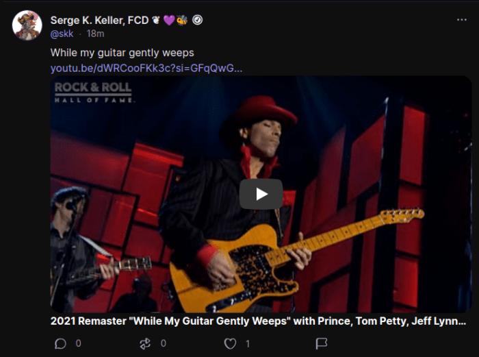 Last day on Pebble post linking to Prince's live performance of While My Guitar Gently Weeps.