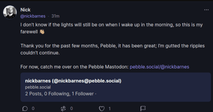 Screenshot of a post from Pebble's last day.