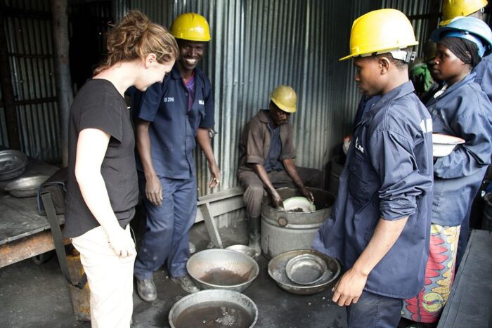 Fairphone employee meeting tungsten miners at the New Bugurama Mining Company in Rwanda in 2016.