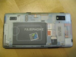 Back of a Fairphone 2 with transparent cover, showing its modular design.