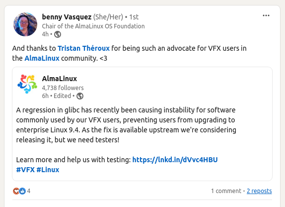 Alma Linux LinkedIn post about bug fix.