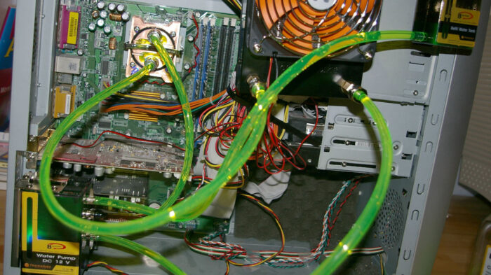 A test installation of a direct-to-chip watercooling system.