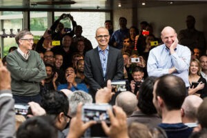 Microsoft's Satya Nadella, Bill Gates, and Steve Ballmer.