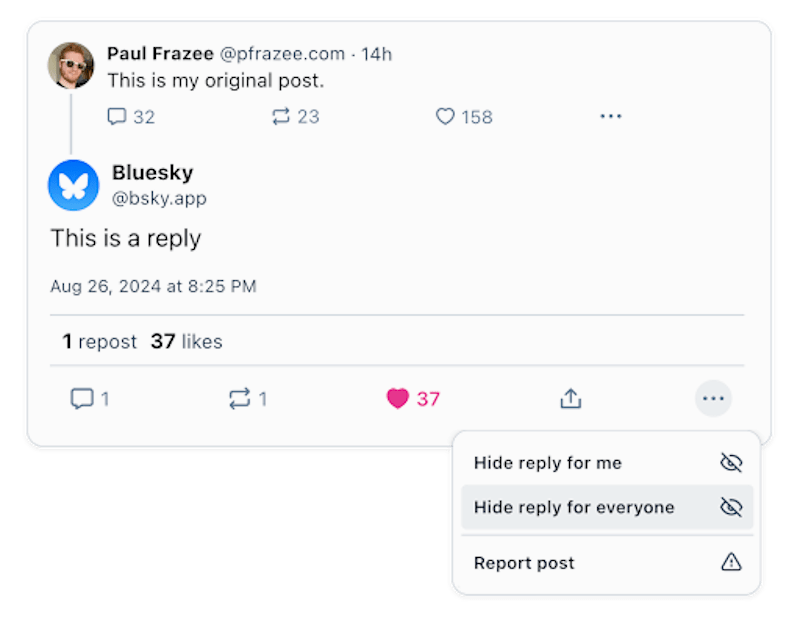 Screenshot of the process to hide a reply to a post in Bluesky.