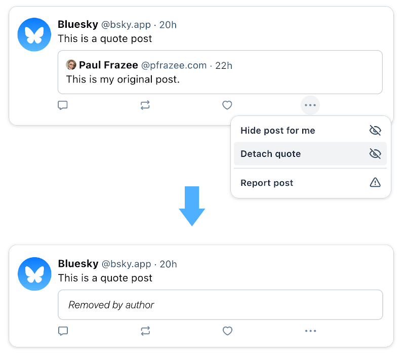 Screenshot of the process to remove your original post from a quote post.