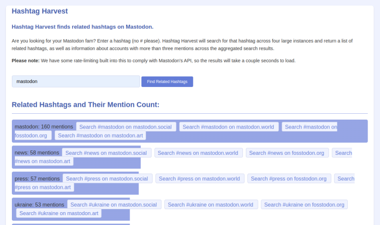 Screenshot of Hashtag Harvest Mastodon app.