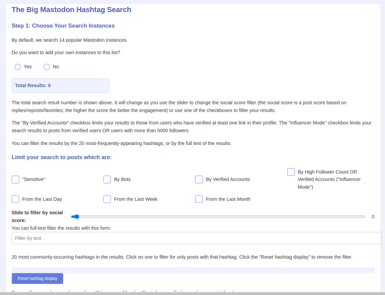 Screenshot of MastoGizmos's hashtag search app.