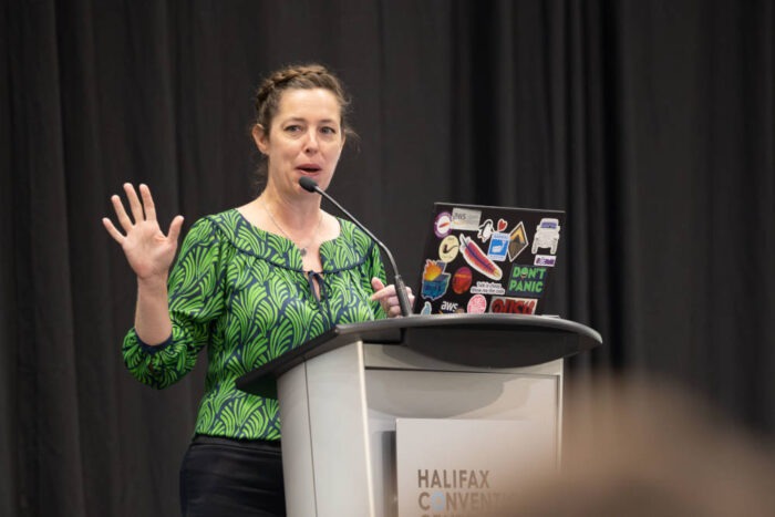 Ruth Suehle at the Community Over Code Conference in Halifax, Nova Scotia in 2023.