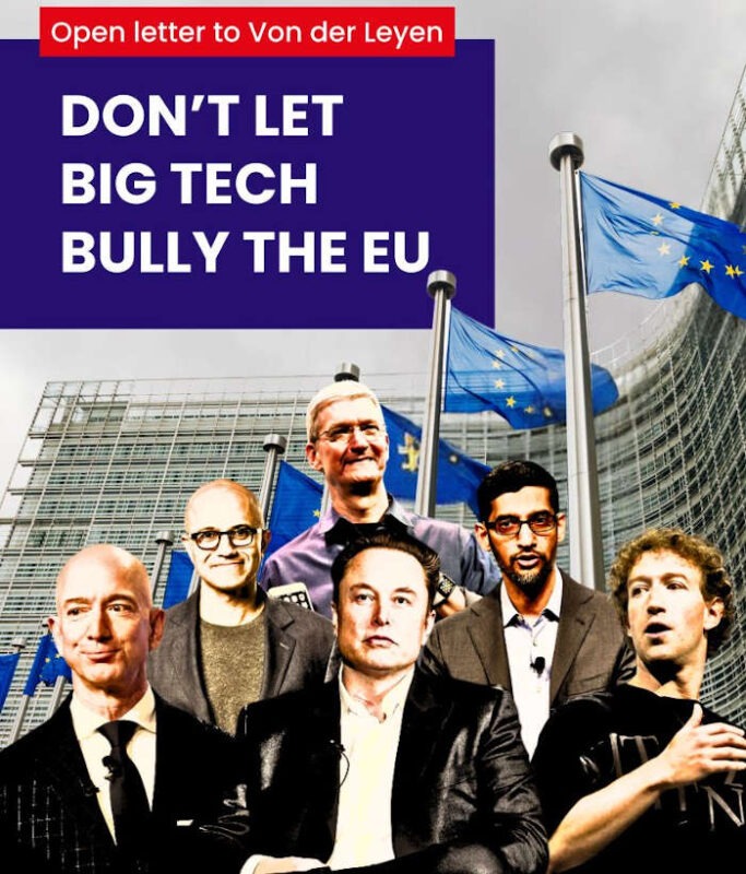 Musk Zuckerberg, Nadella, and Bezos in front of the European Commission building.