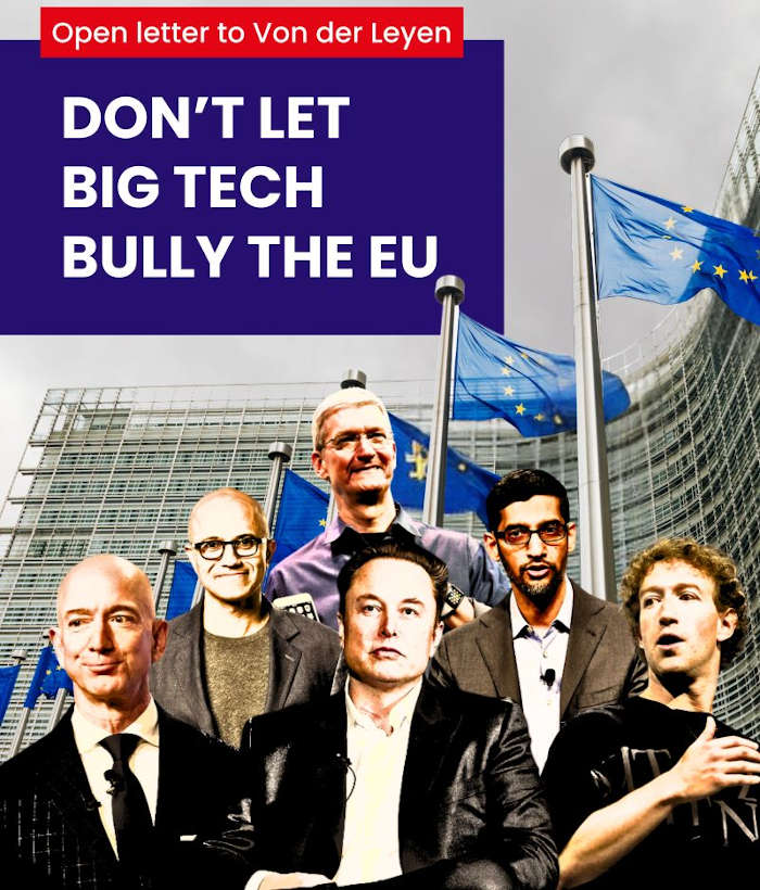 Musk Zuckerberg, Nadella, Cook, and Bezos in front of the European Commission building.