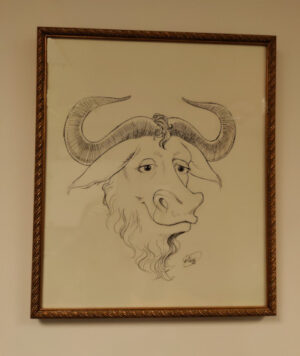 The original GNU poster, drawn by Etienne Suvasa, is one of many items in an auction celebrating the Free Software Foundation’s 40th anniversary.