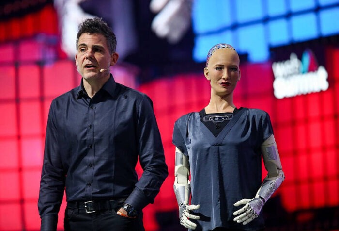 Sophia The Robot, and David Hanson, Founder, Hanson Robotics Ltd., at Web Summit 2019 at the Altice Arena in Lisbon, Portugal.