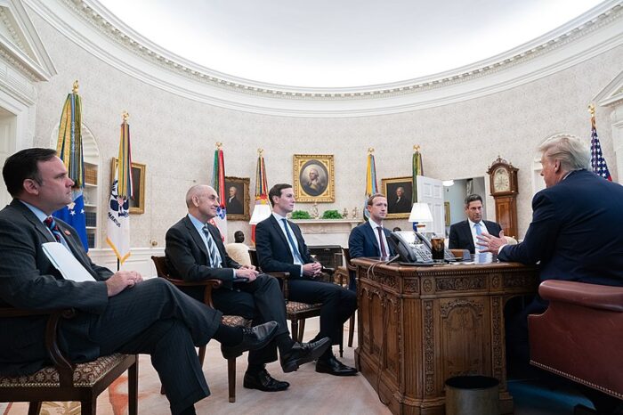 President Donald J. Trump, joined by White House senior staff, meets with Facebook CEO Mark Zuckerberg and Facebook executives Thursday, Sept. 19, 2019, to the Oval Office of the White House.