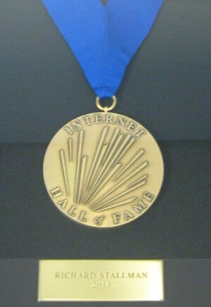 Internet Hall of Fame medal of the Free Software Foundation’s founder Richard Stallman that greeted visitors in the lobby of the FSF office for years.
