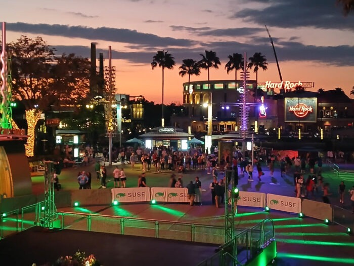 Looking down on Universal Orlando's CityWalk area from the top of the Pavilion.