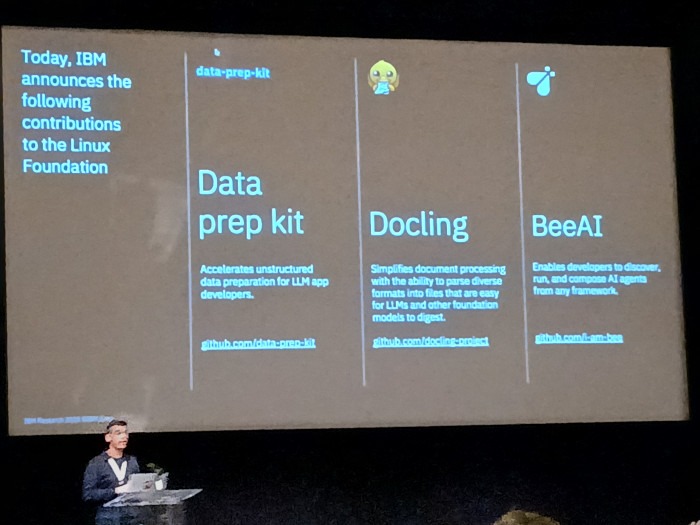 Sriram Raghavan, IBM's VP of IBM Research AI, announcing the donation of three AI projects to Linux Foundation at ATO AI on Tuesday.