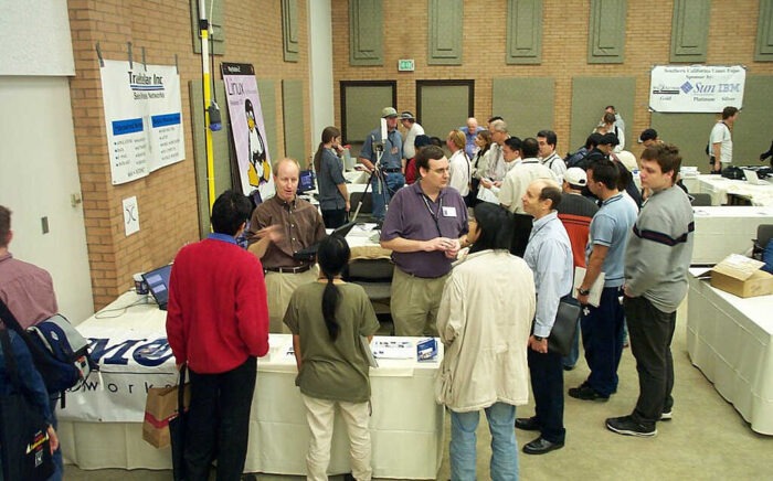 Expo floor at the first Annual Southern California Linux Expo, November, 2002.