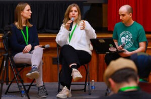 From left: FSF's Miriam Bastian (program manager), Zoë Kooyman (executive director), and Greg Farough (campaigns manager) at LibrePlatet 2024 in Boston.