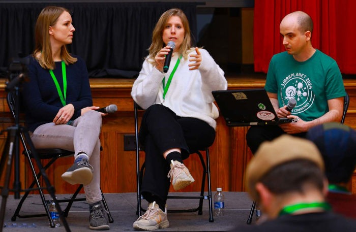 From left: FSF's Miriam Bastian (program manager), Zoë Kooyman (executive director), and Greg Farough (campaigns manager) at LibrePlatet 2024 in Boston.