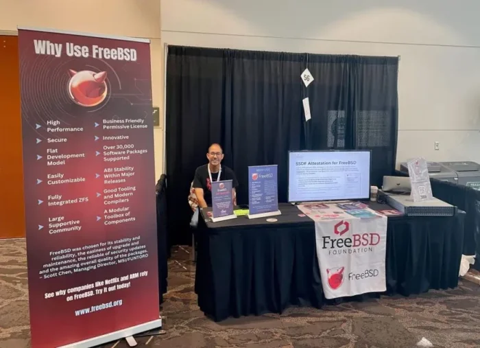 FreeBSD's booth at the All Things Open conference in 2023.