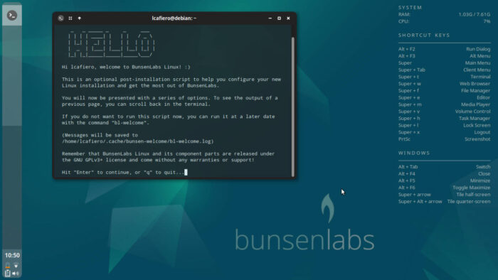 BunsenLabs Boron welcome screen.