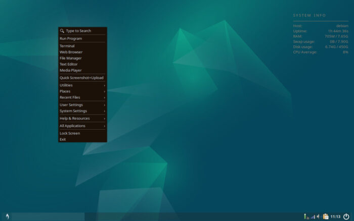 BunsenLabs Boron, menu view.