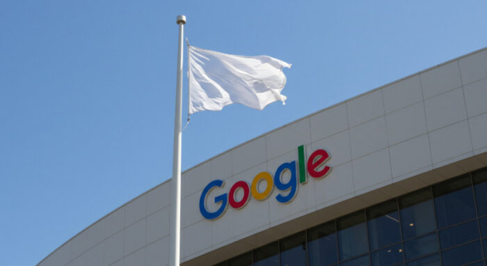 AI created image of Google building flying white flag over Nextcloud app battle.