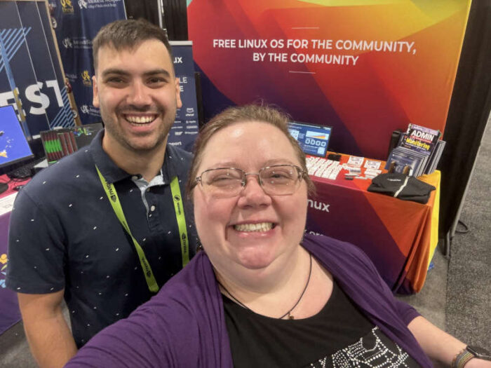 AlmaLinux's benny Vasquez takes a selfie with a coworker at Open Source Days 2024 in Denver, Colorado.