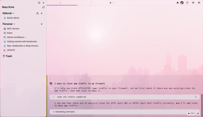Warp Drive in the sidebar and AI command exploration in the main pane.
