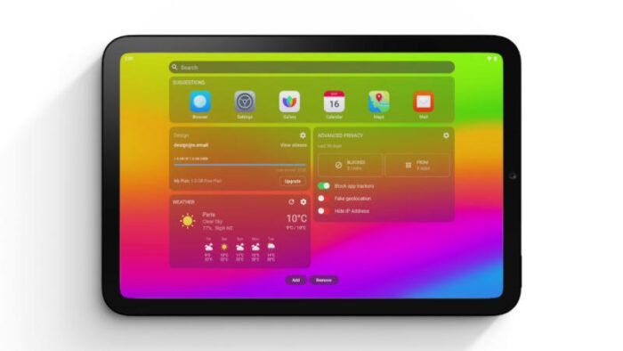 Screenshot of the tablet interface on /e/OS 3.0 displaying widgets.