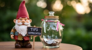 Gnome in front of a tip jar.