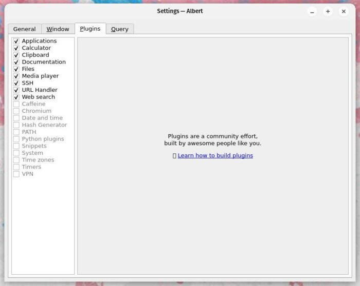 Albert's Plugin's tab in Settings.