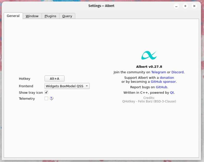 Albert general tab in settings.