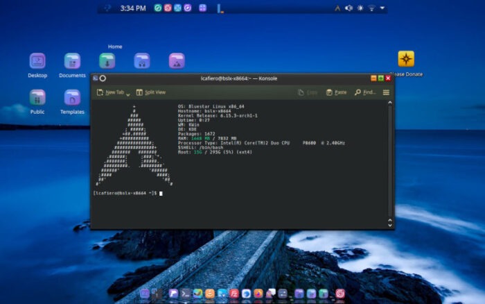 The Konsole terminal program gives the user a rundown of the system prior to its use.
